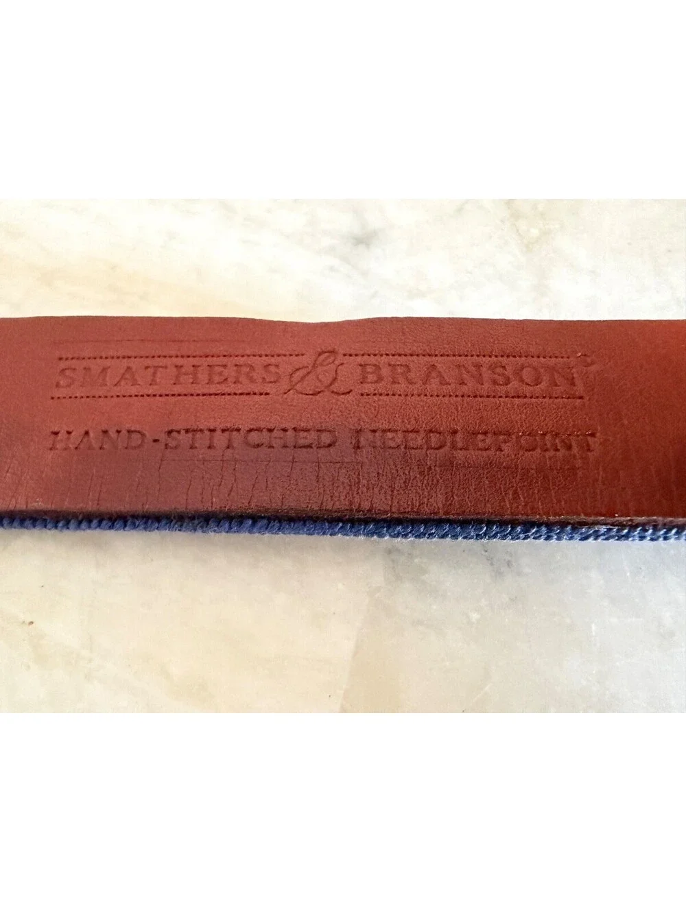Smathers & Branson Needlepoint Belt Size 36 Baseball Bats Balls Blue Leather Vtg
